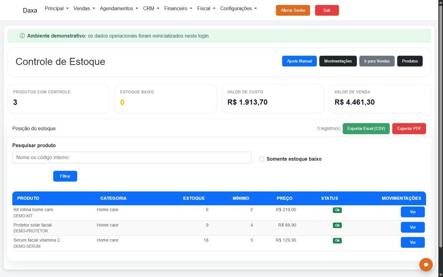 Tela da DAXA com indicadores e movimentações de estoque